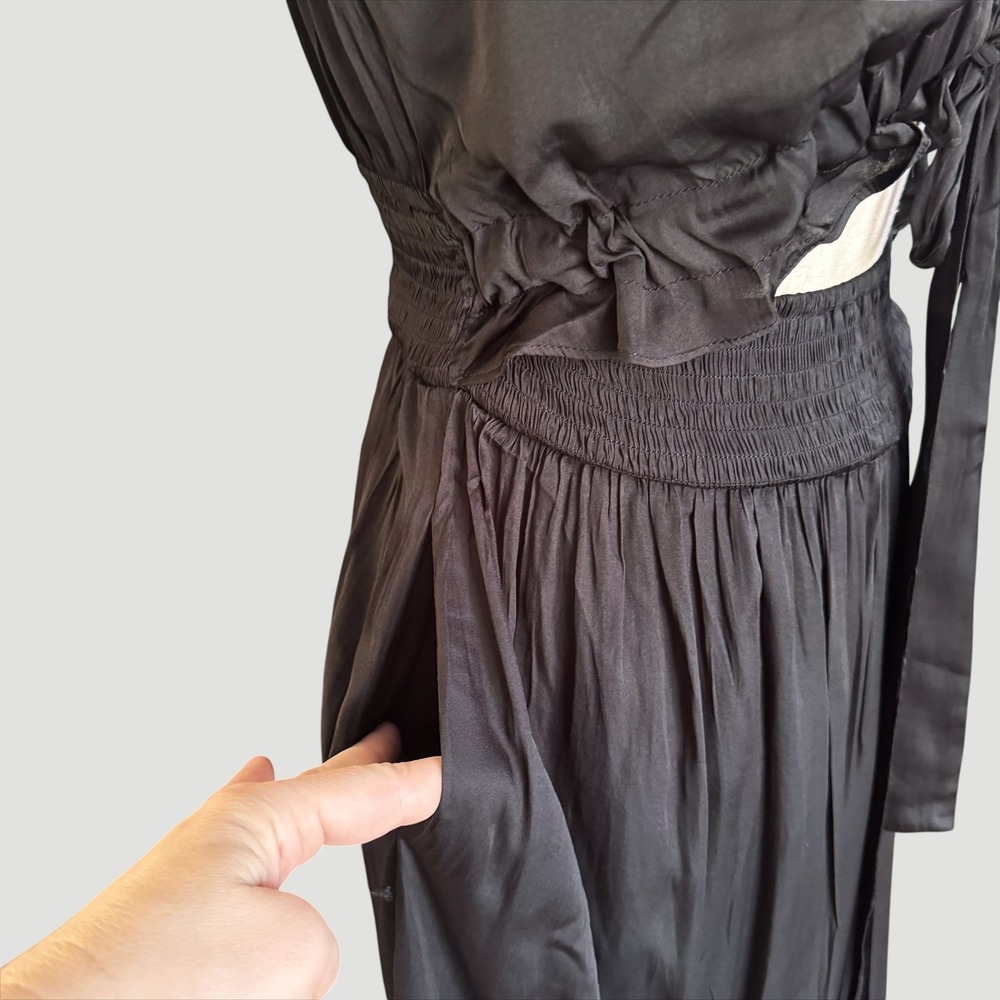 Boho Chic Goth summer Flowy Black Tiered Maxi Dress Cutout Tie Front Small NWT - Picture 9 of 12